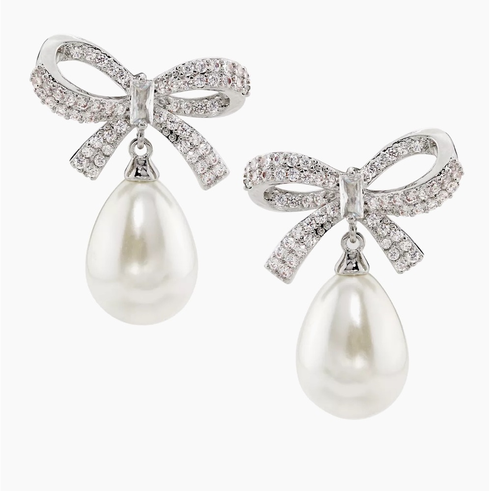 Anthro Shashi Pave Pearl Bow Earrings - Picture 1 of 6